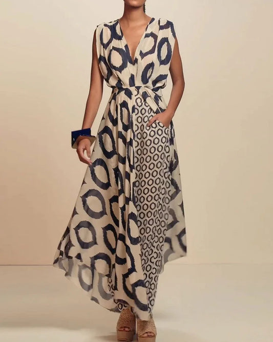 Completo Due Pezzi Casual Senza Maniche a Fantasia con Vita Sottolineata