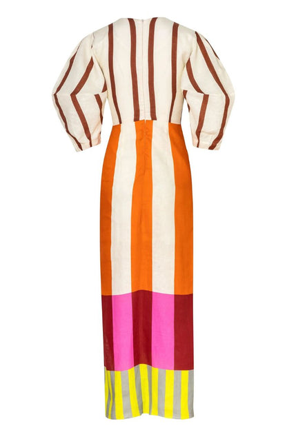 Abito Maxi “Kaya” con Nodo Frontale, Maniche a Sbuffo e Stampa a Blocchi di Colore