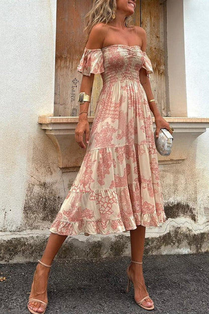 Abito Midi con Spalle Scoperte e Stampa Romantica – Pitaya